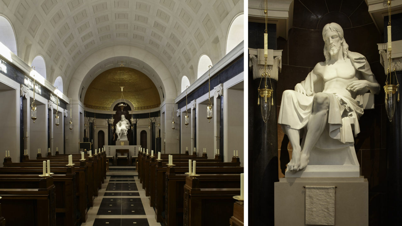 The interior of the Chapel of Christ the Redeemer at Culham (left) featuring Alexander Stoddart’s seated figure of Christ (right)