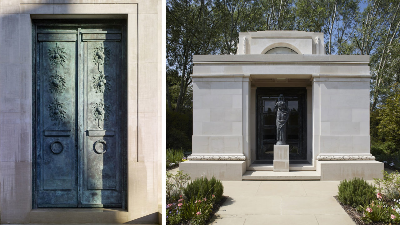 Hamilton’s work is full of symbolism. Engraved pomegranates represent the resurrection (left) and an allegorical figure of remembrance turns her back on the living and looks inwards into a mausoleum (right) / (Image Credit: Paul Highnam)