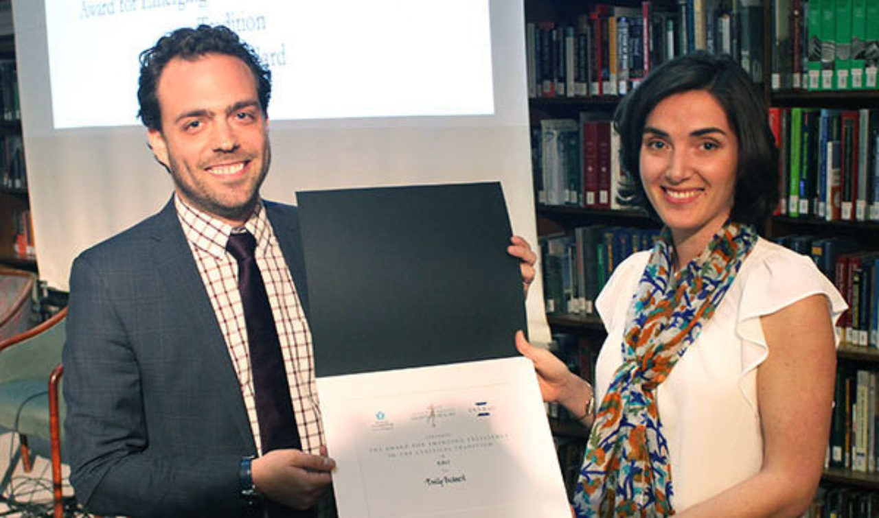 Emily Bedard, Award for Emerging Excellence in the Classical Tradition winner, accepts her award from Simon Sadinsky, Head of Education for PFBC, at a separate ceremony on April 30th