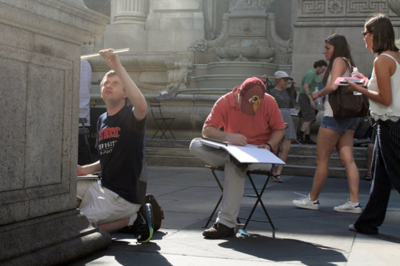 Andrew Anderson and Daniel Glasgow work on measured drawings at the New York Public Library