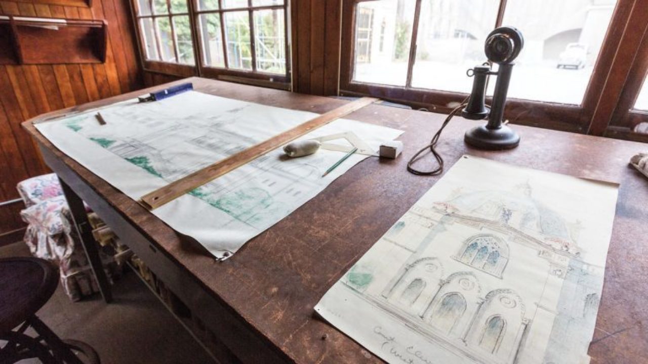 Julia Morgan's office at Hearst Castle with some of her drawings