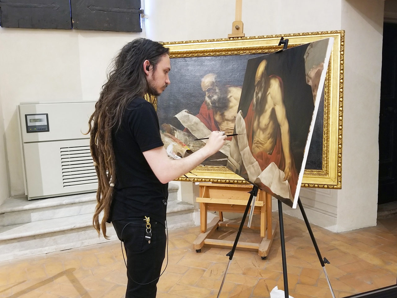 Brogie making a copy of a Hendrick van Somer painting at the Palazzo Barberini