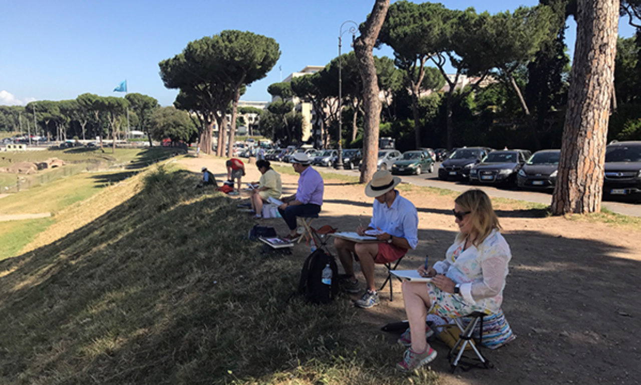 Tour participants sketch on location at Circus Maximus