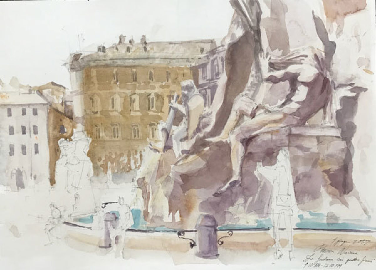 Elena Belova's watercolor sketch from Piazza Navona