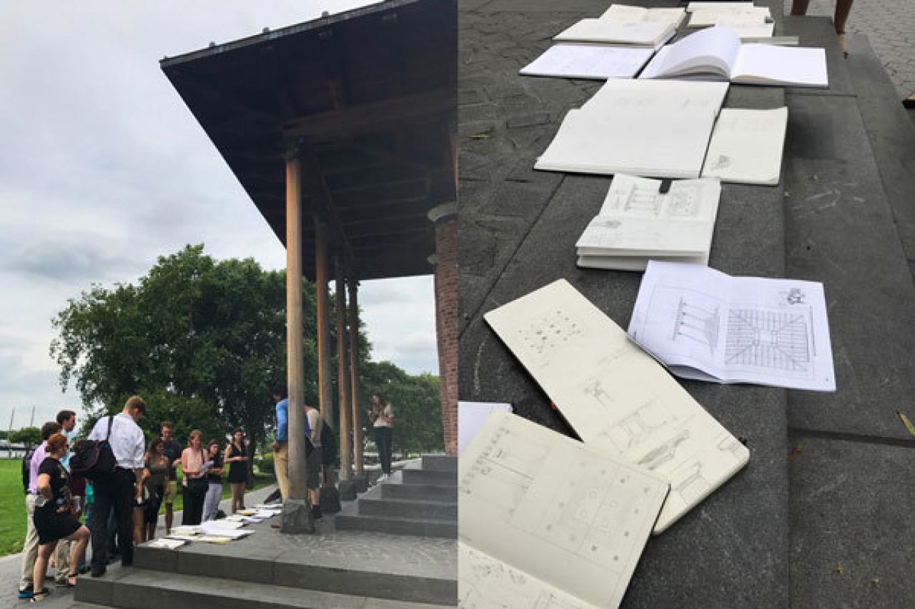 Students compare their measured drawings of the Battery Park City Pavilion