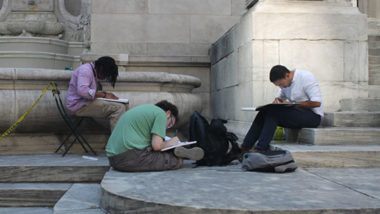 Students sketch building details at the New York Public Library