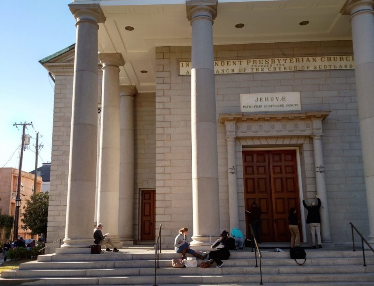 Workshop students drawing outside the Independent Presbyterian Church