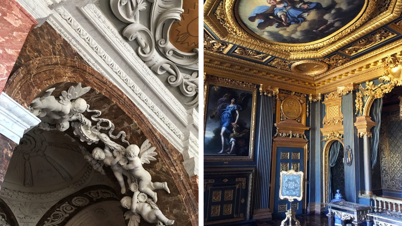 Two interiors from Drottningholm Palace - detail from a decorative staircase (left) and the state bedchamber (right)