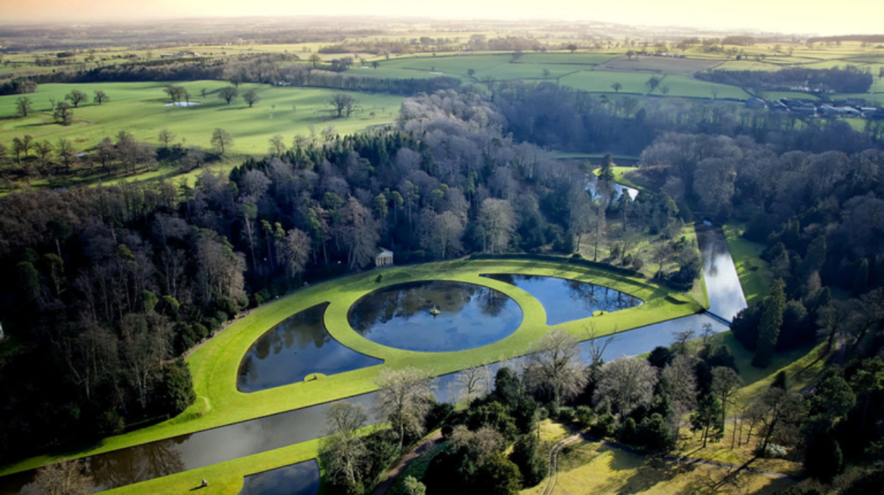 Aerial view of Studley Royal park's geometric water features (Image Source: Pinterest)