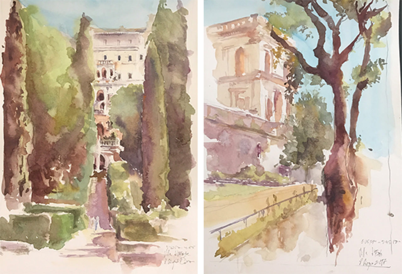 Watercolor sketches of Villa d’Este by Christopher H. Browne Rome Drawing Tour student Elena Belova