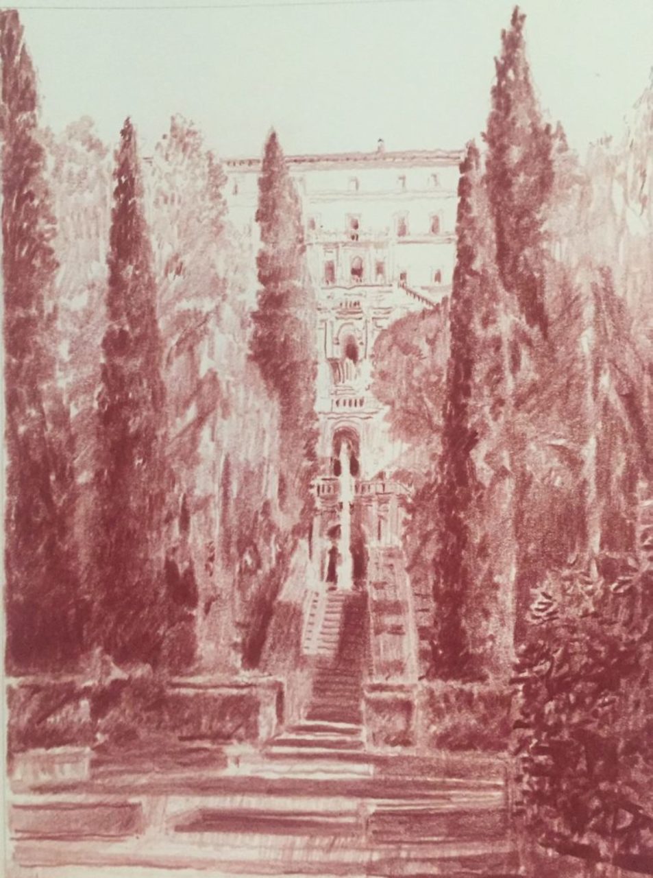 Sanguine drawing of Villa d’Este by Christopher H. Browne Rome Drawing Tour student Martin Burns