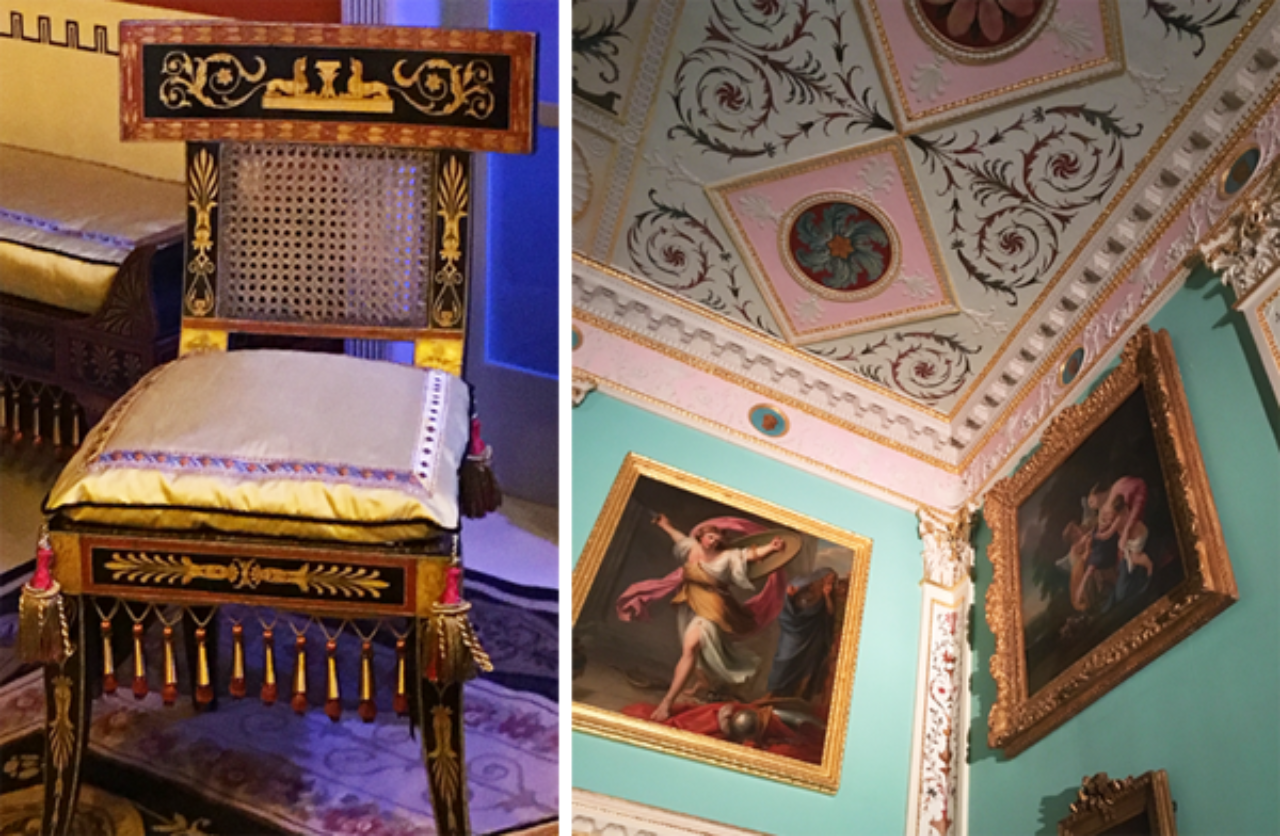 Latrobe furniture on display at the Philadelphia Museum of Art (left) and a stunning Robert Adam ceiling design at Lansdowne House in London (right)