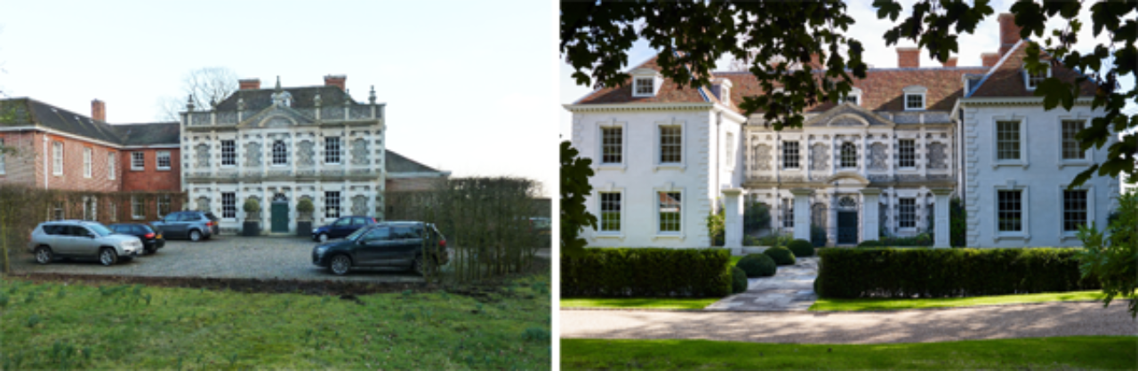 A classical house in Oxfordshire, before renovation by Ben Pentreath (left) and after (right) (Image Source: Ben Pentreath)