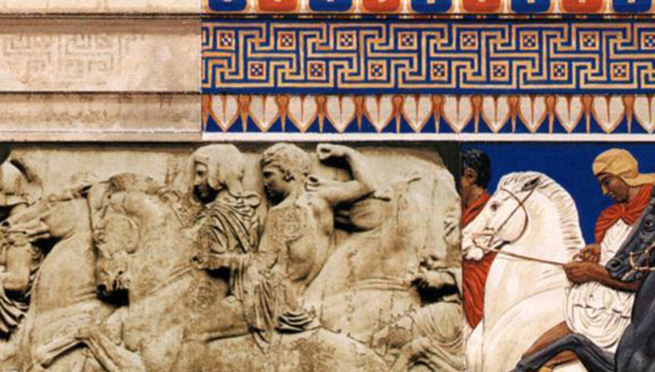 Figure 2: Detail of the conjectural color reconstruction of the Parthenon Panathenaic frieze and fascia (StudyBlue).